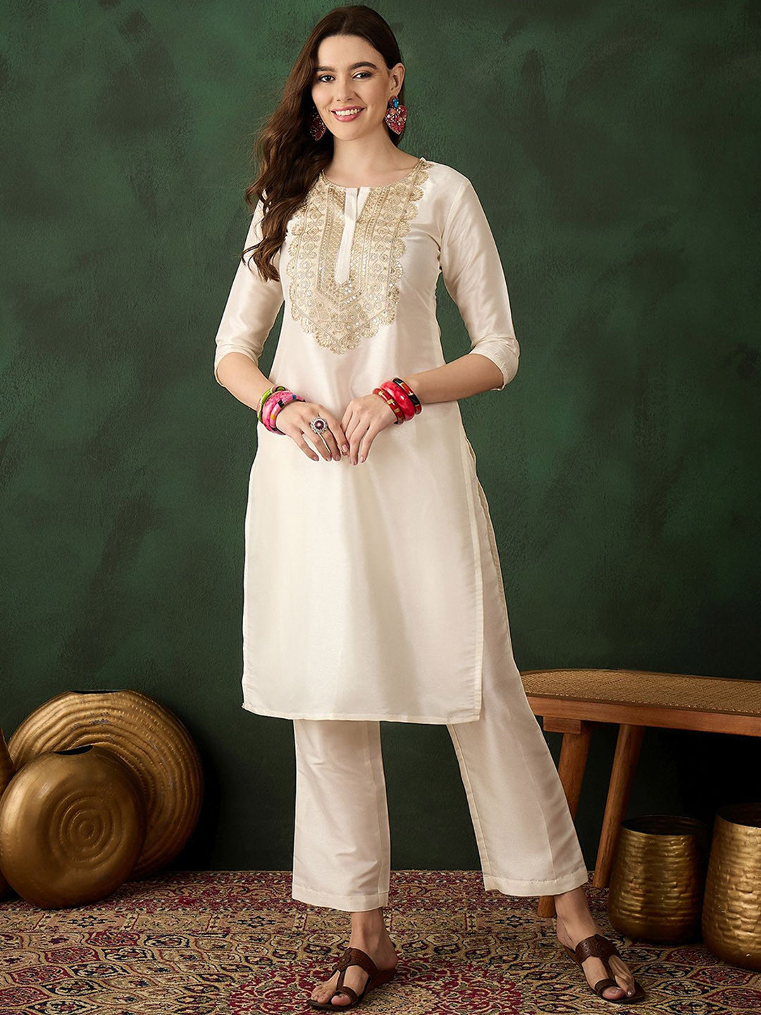 Women Embroidered Straight Kurta With Trousers