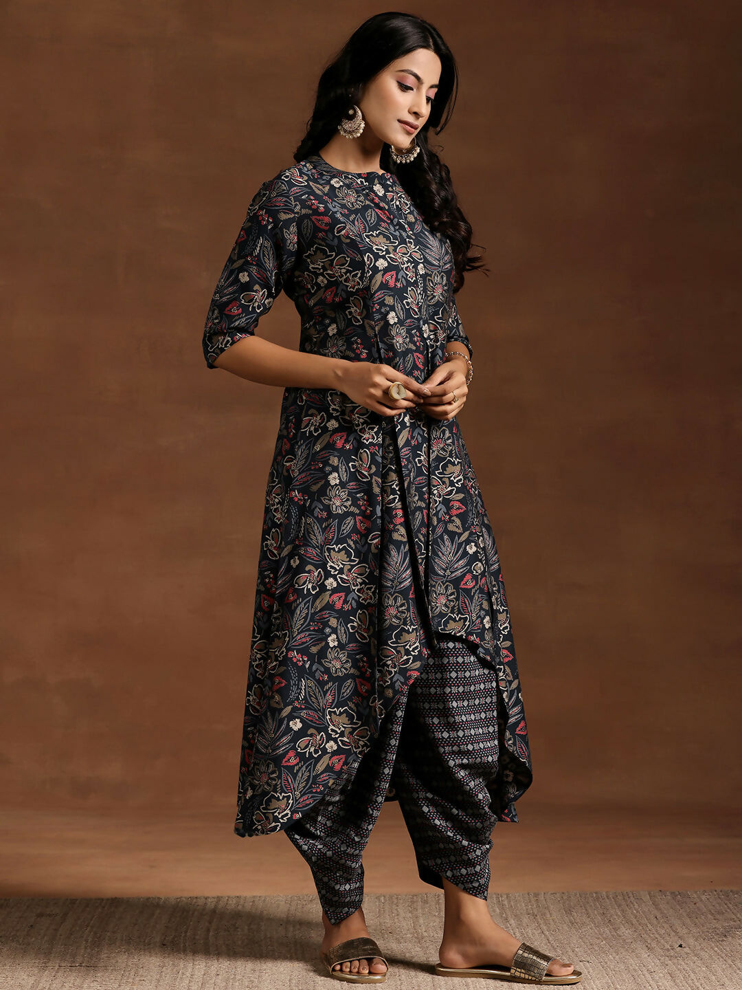 Women's LB Blue Printed Silk Blend A-line Kurta With Salwar