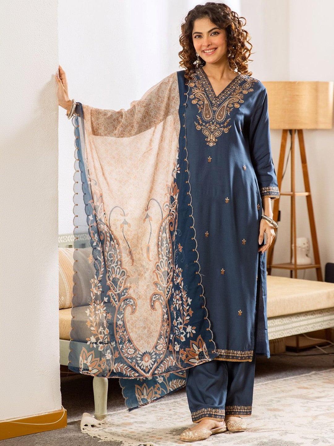 Women Paisley Embroidered Regular Kurta with Palazzos & With Dupatta