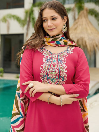Dhiyona KL Women Solid Embroidered Kurta with Trousers & Dupatta