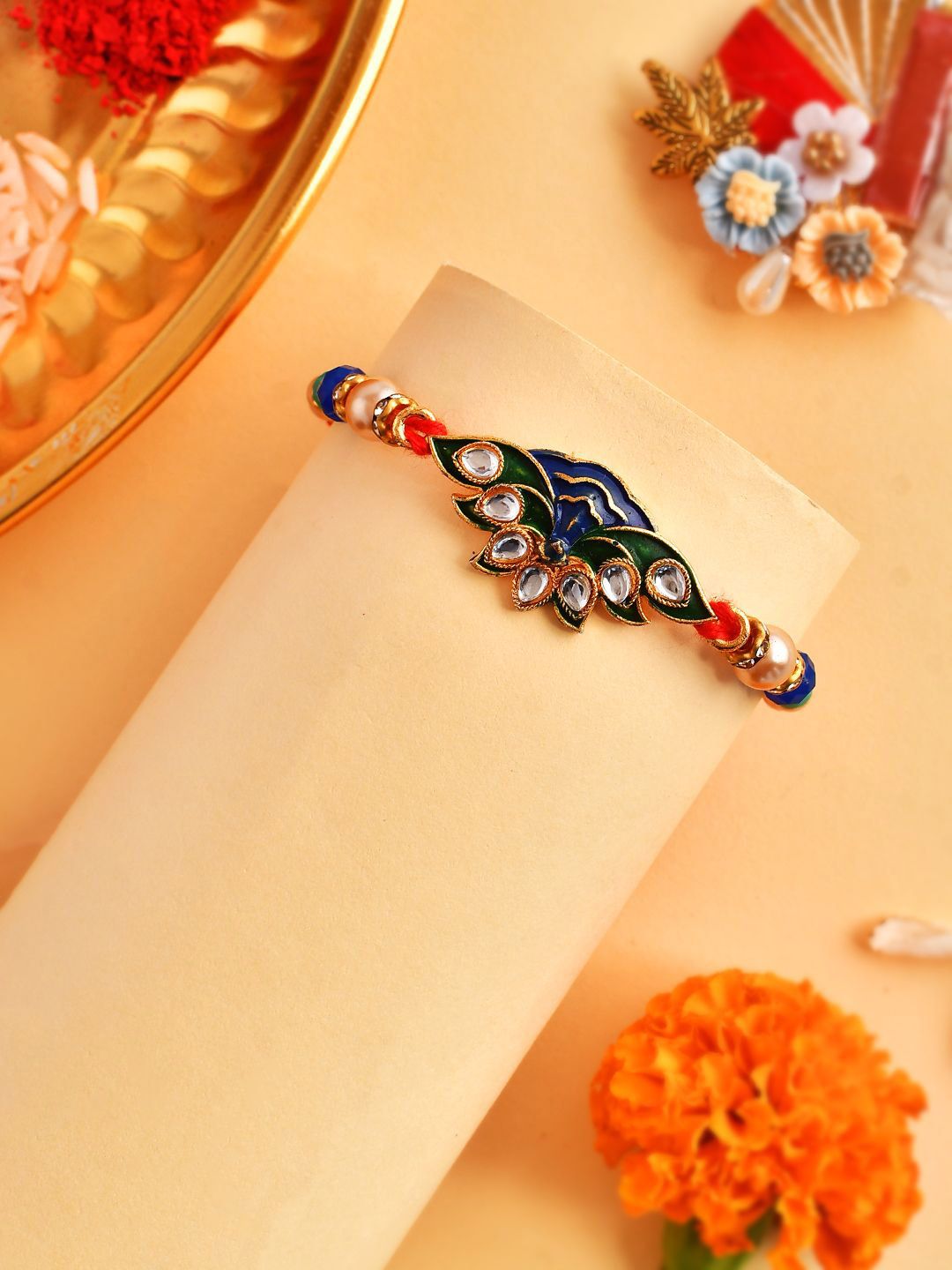 Dhiyona Blue Peacock Enamled Beaded Rakhi With Roli Chawal & Greeting Card