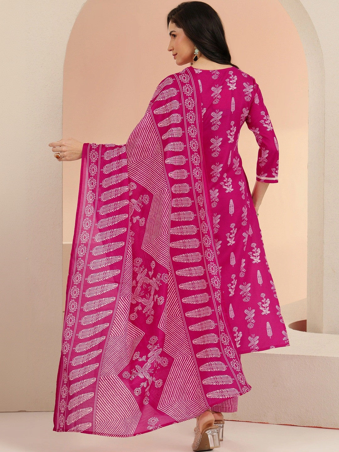 Rani Pink Floral Printed Cotton Blend Straight Suit Set