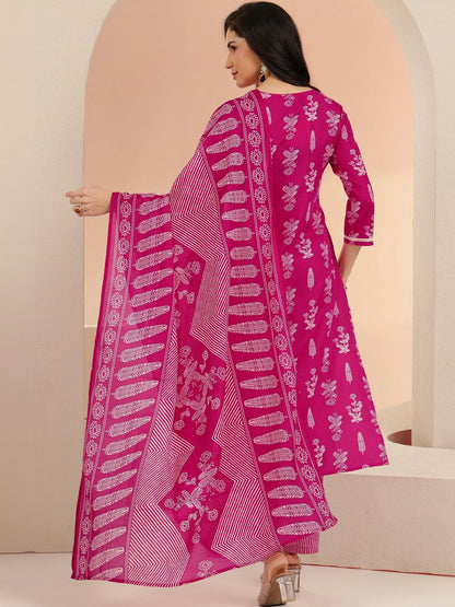 Rani Pink Floral Printed Cotton Blend Straight Suit Set