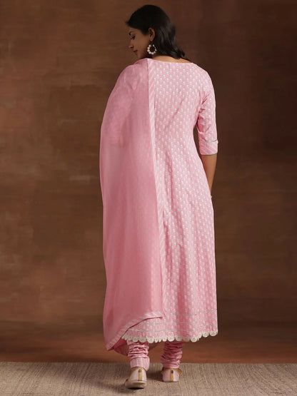 Women's LB Pink Printed Cotton A-Line Kurta With Churidar & Dupatta