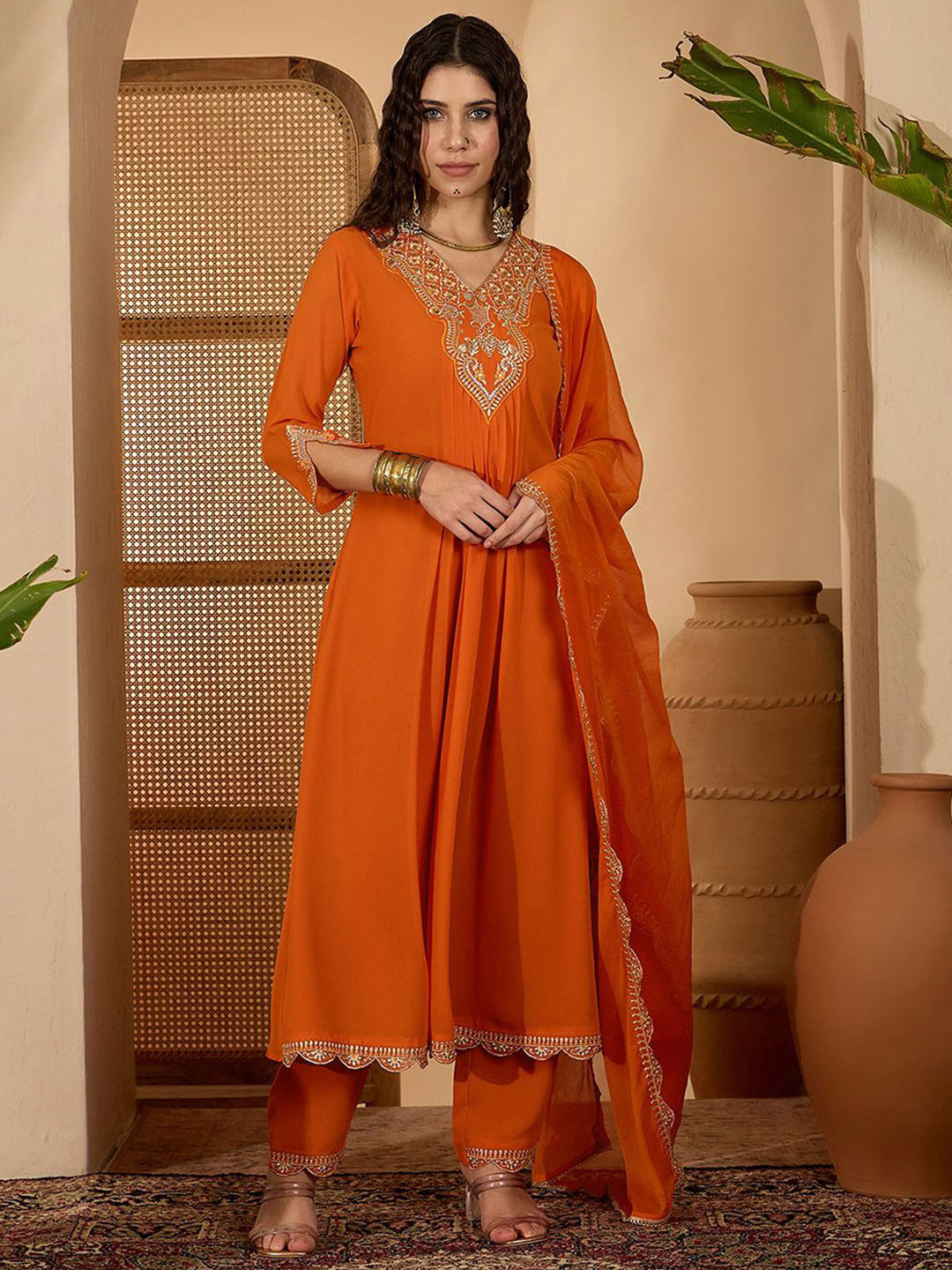 Dhiyona SN Women Ethnic Motifs Embroidered A-Line Kurta with Trousers & Dupatta
