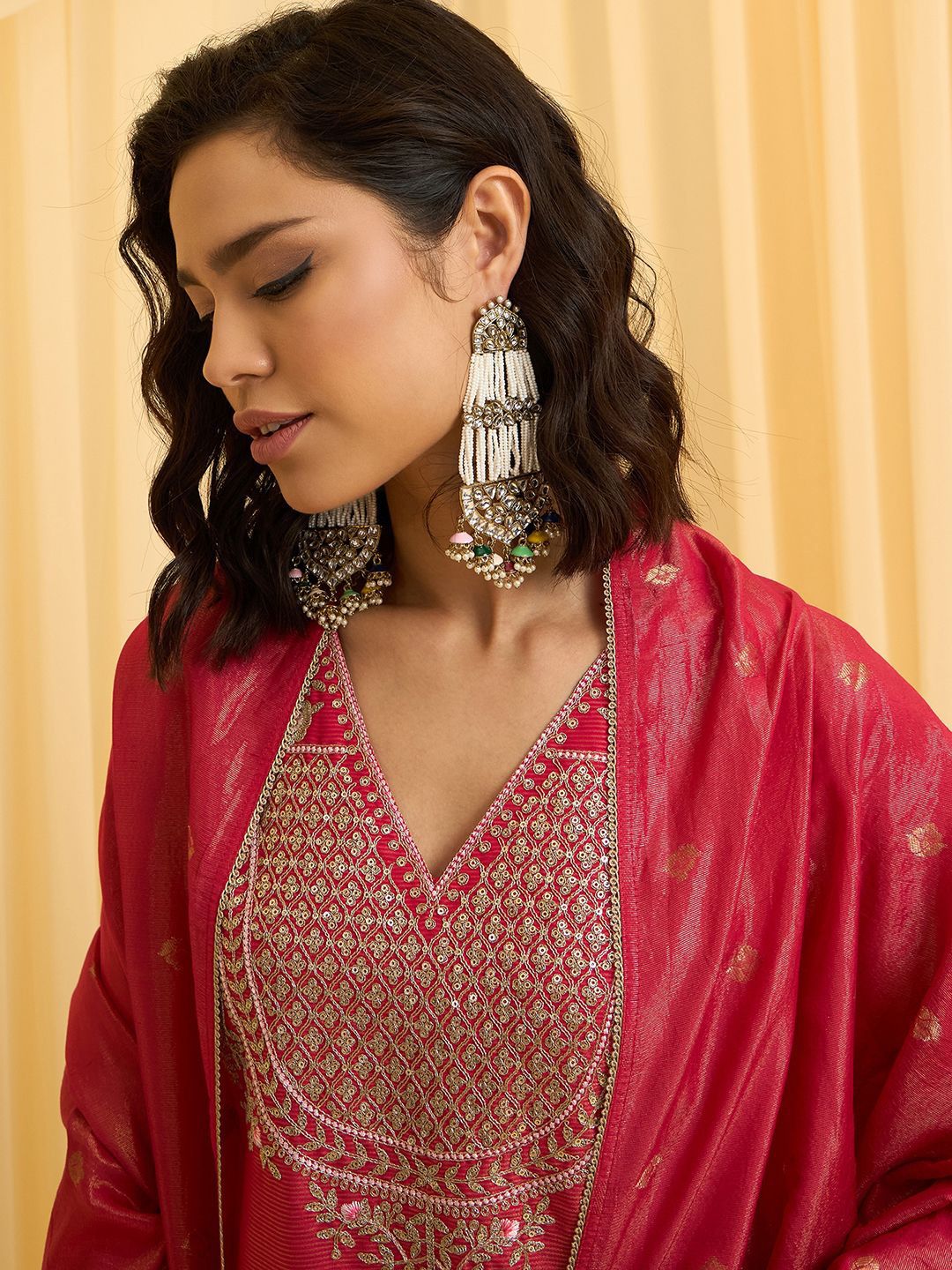 Dhiyona CH Floral Yoke Design Sequinned Straight Kurta With Palazzos & Dupatta