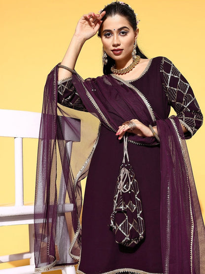 Women Geometric Sequinned Georgette Straight Kurta With Sharara & Dupatta