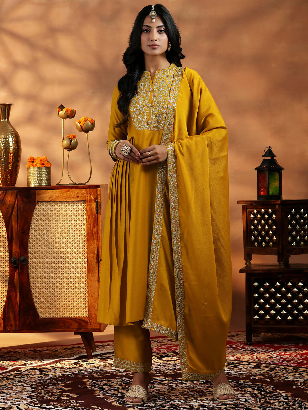 Women's LB Mustard Yoke Design Silk Blend A-Line Kurta With Palazzos & Dupatta