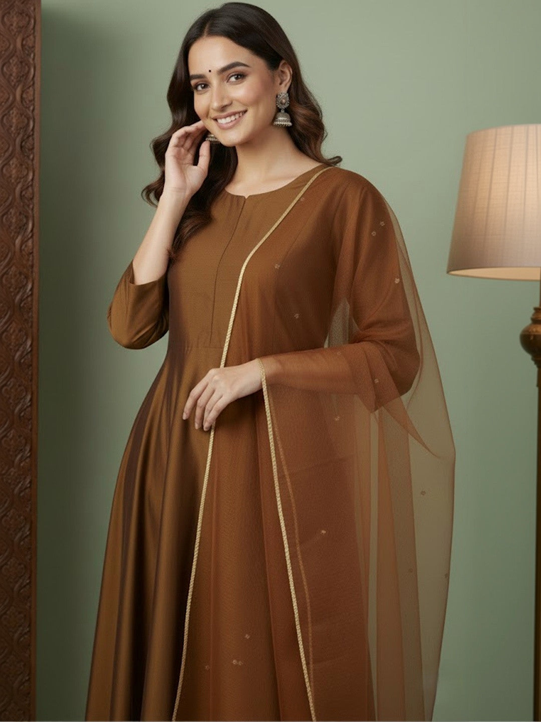 Solid Anarkali Kurta with Trouser & Dupatta