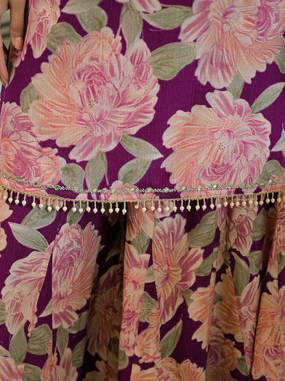 Dhiyona HOP Floral Printed Beads & Stones Milano Chiffon Kurta With Sharara & Dupatta