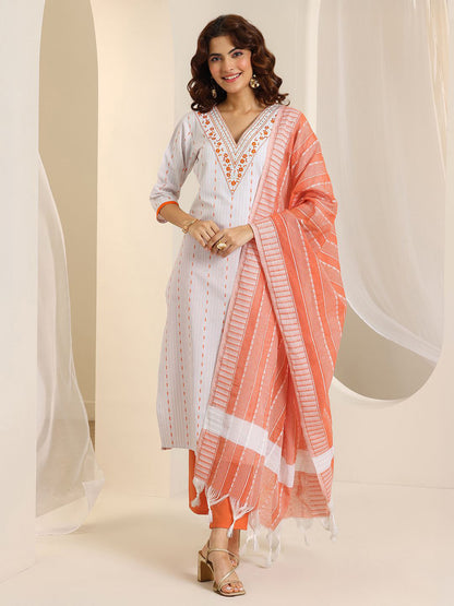 Woven Design V-Neck Straight Kurta With Trousers & Dupatta