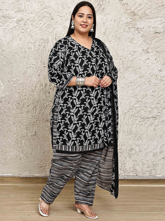 Dhiyona KL Floral Printed Printed V-Neck Straight Kurta With Salwar & Dupatta