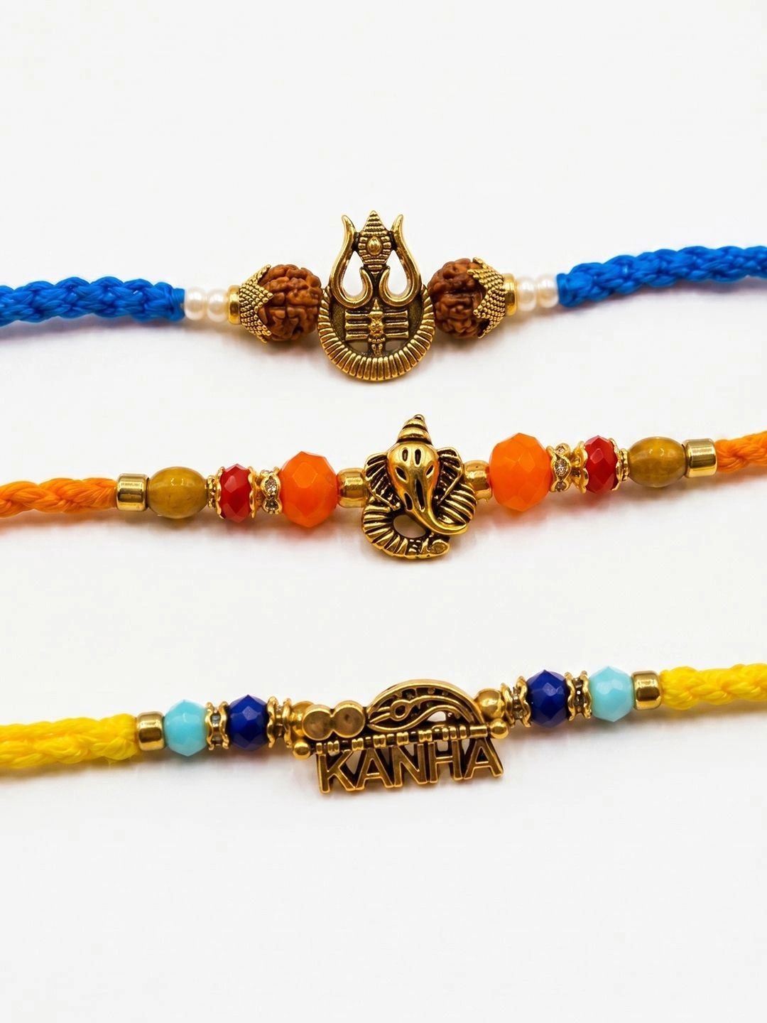 Dhiyona Set Of 3 Rudraksh Religious Rakhi Thread Rakhi Roli Chawal Chandan Mishri