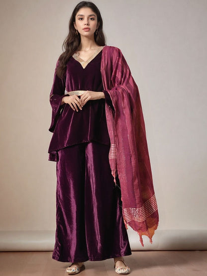Velvet V-Neck Kurti & Palazzos with Dupatta Set