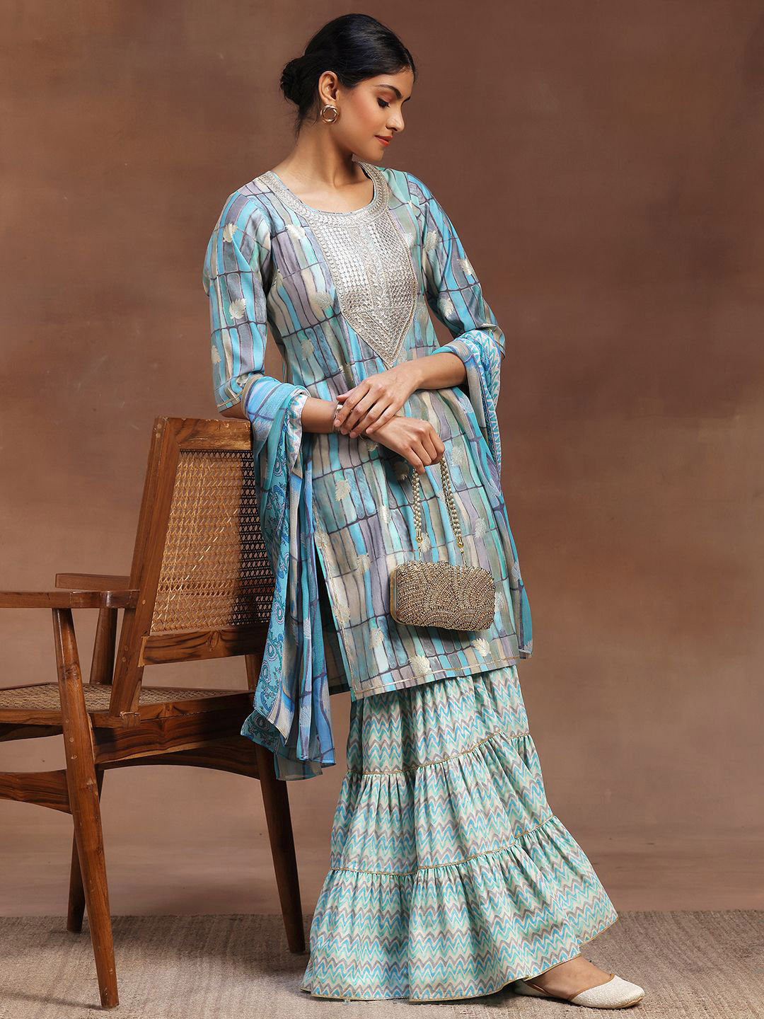 Geometric Printed Sequinned Straight Kurta With Sharara & Dupatta