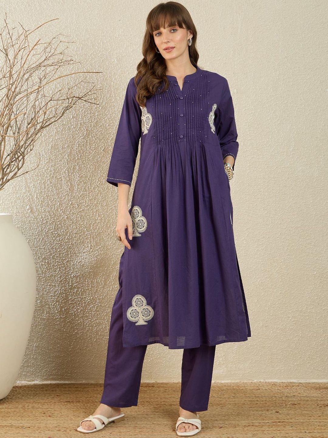 Dhiyona IE Printed Mandarin Collar Three-Quarter Sleeves Pure Cotton Top With Trousers