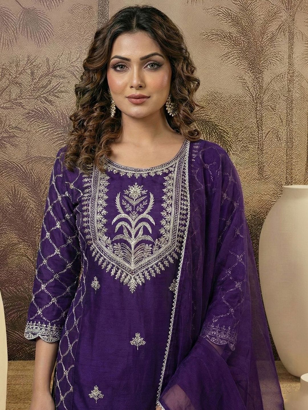 Dhiyona SN Embroidered Round Neck Straight Kurta & Palazzos With Dupatta