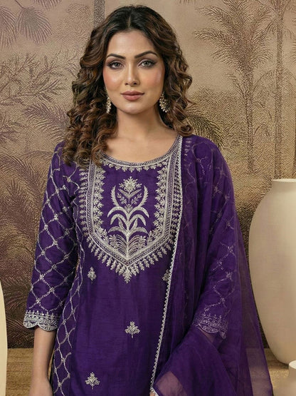 Dhiyona SN Embroidered Round Neck Straight Kurta & Palazzos With Dupatta