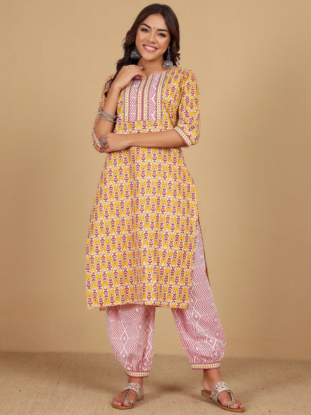 Yellow Floral Printed Notch Neck Straight Kurta With Salwar And Dupatta