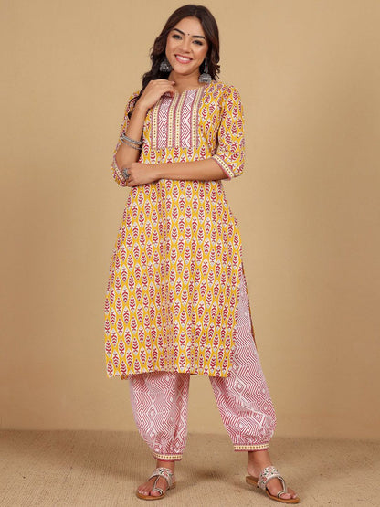 Yellow Floral Printed Notch Neck Straight Kurta With Salwar And Dupatta