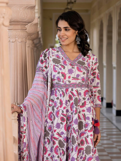 Dhiyona KL Women Floral Printed Angrakha Pure Cotton Kurta with Palazzos & With Dupatta