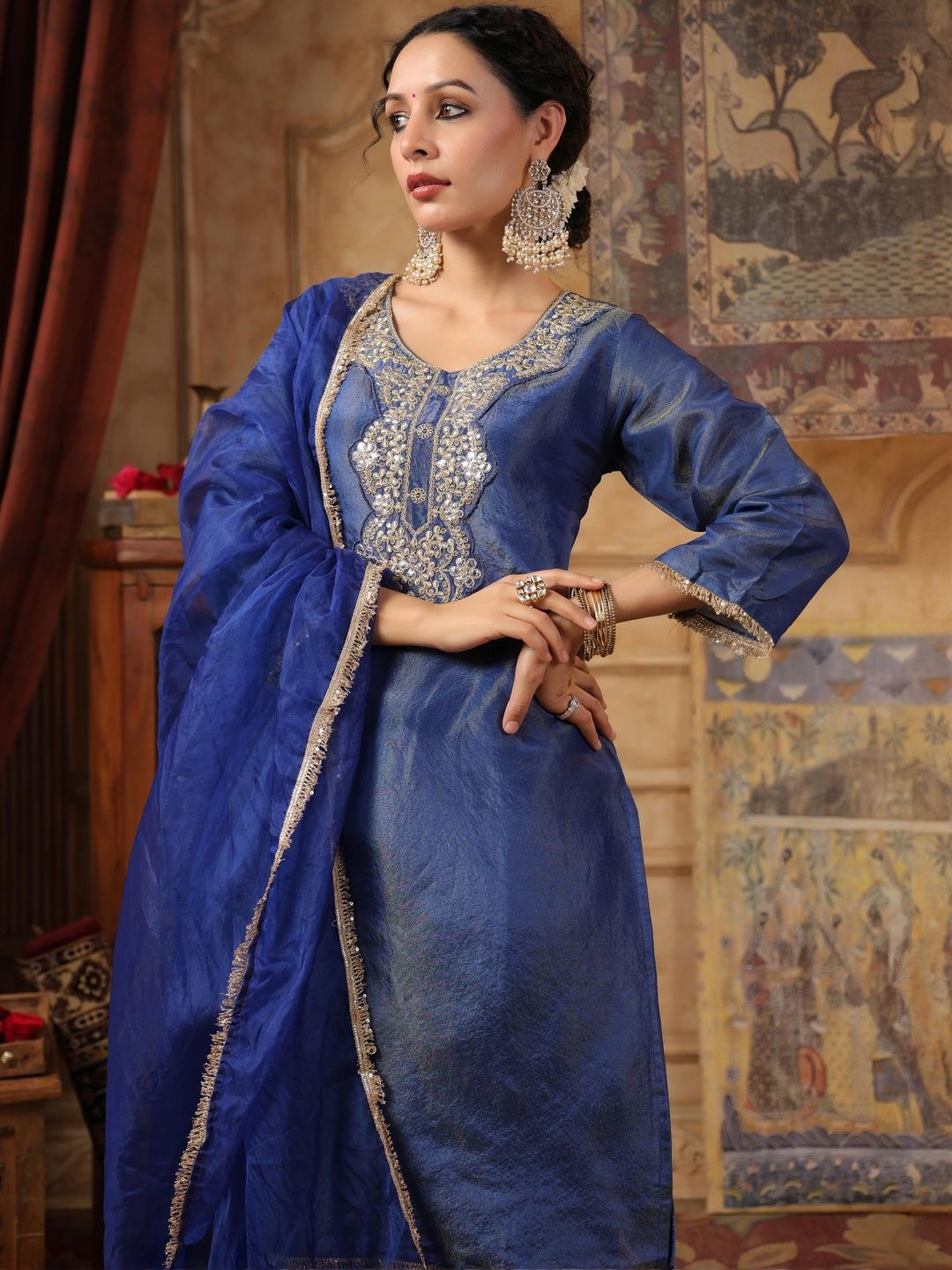 Dhiyona SC Women Embroidered Regular Kurta with Sharara & Dupatta