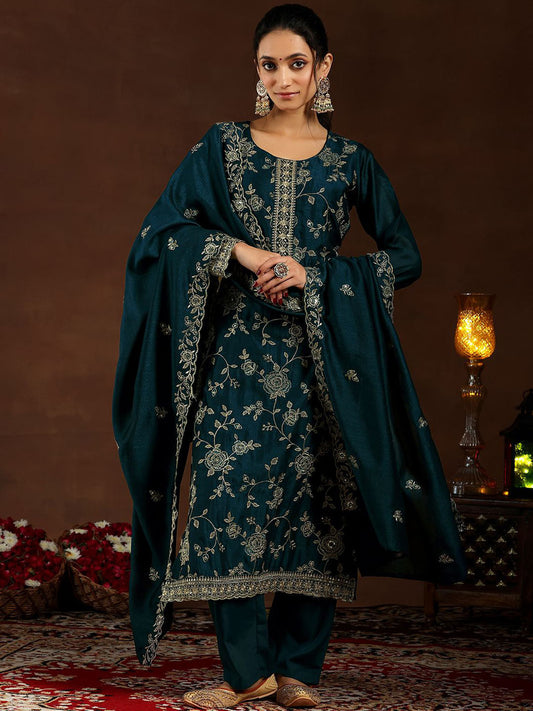 Women Floral Embroidered Regular Sequinned Kurta with Trousers & With Dupatta