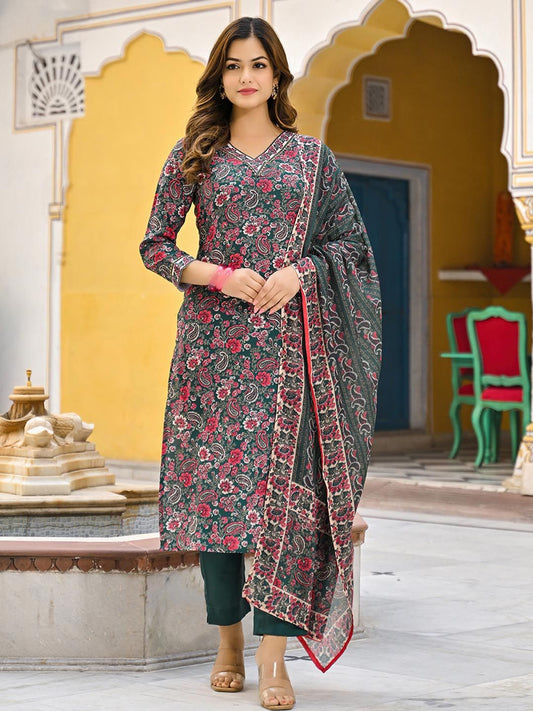 Dhiyona KL Women Floral Printed Regular Kurta with Trousers & Dupatta