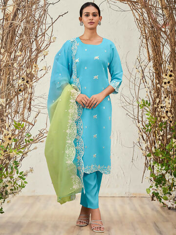 Women's Blue Straight Embroidered Kurta Trousers With Dupatta Set