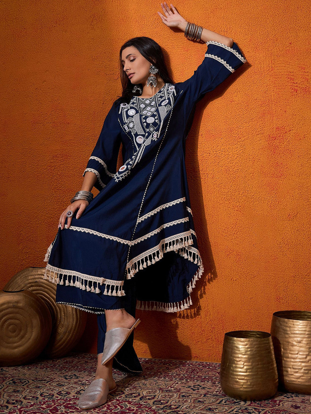Floral Embroidered Mirror Work Regular A-Line Kurta Sets