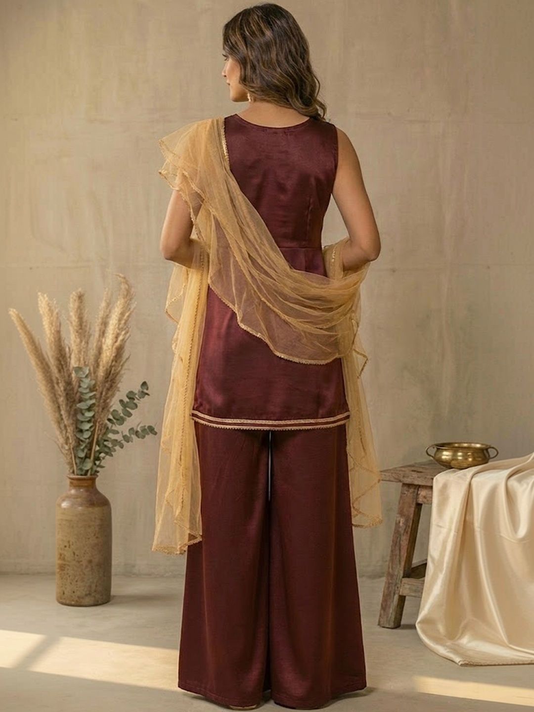 Dhiyona SN Satin V-Neck Kurti & Sharara With Dupatta