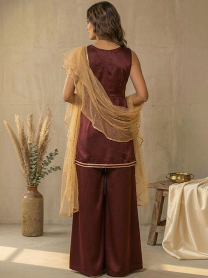 Dhiyona SN Satin V-Neck Kurti & Sharara With Dupatta