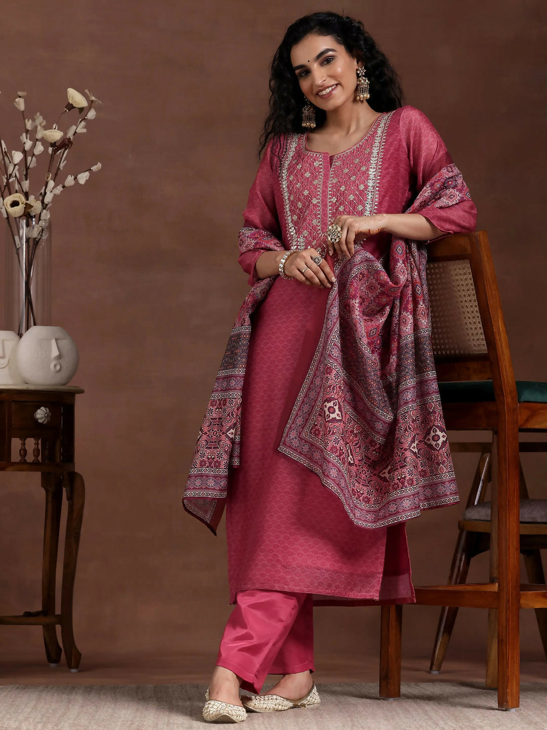 Women's LB Pink Printed Silk Blend Straight Suit With Dupatta