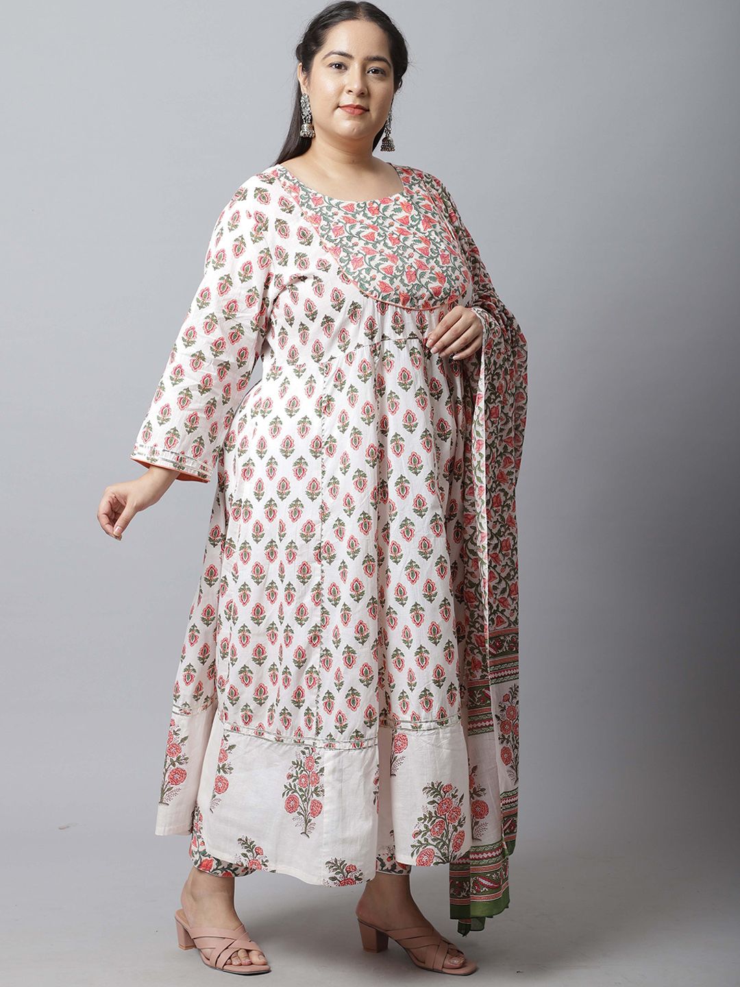 Dhiyona KL Floral Printed Pure Cotton Anarkali Kurta With Trousers & Dupatta