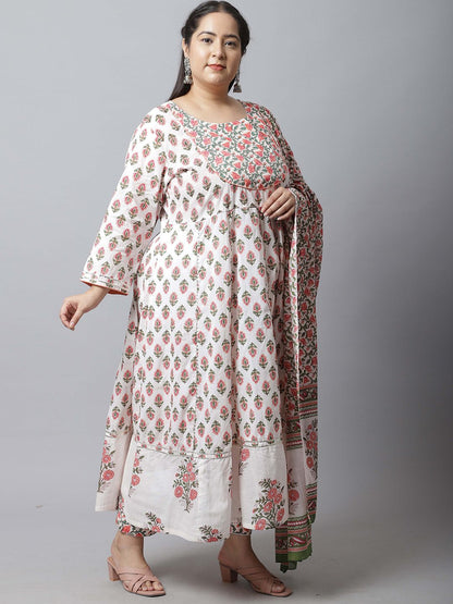 Dhiyona KL Floral Printed Pure Cotton Anarkali Kurta With Trousers & Dupatta