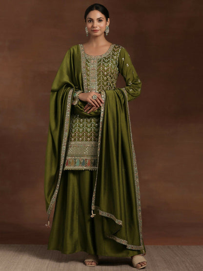 Women's LB Adaa Olive Embroidered Silk Blend Straight Kurta With Palazzos & Dupatta