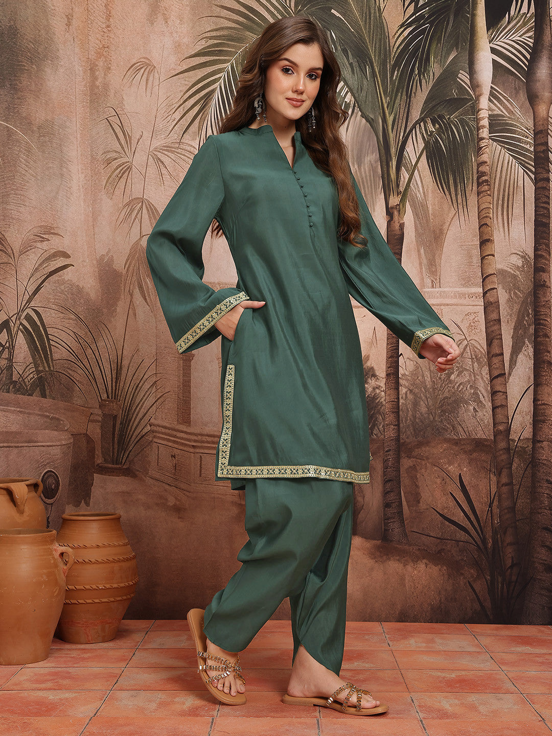 Flared Sleeves Thread Work Kurta with Salwar