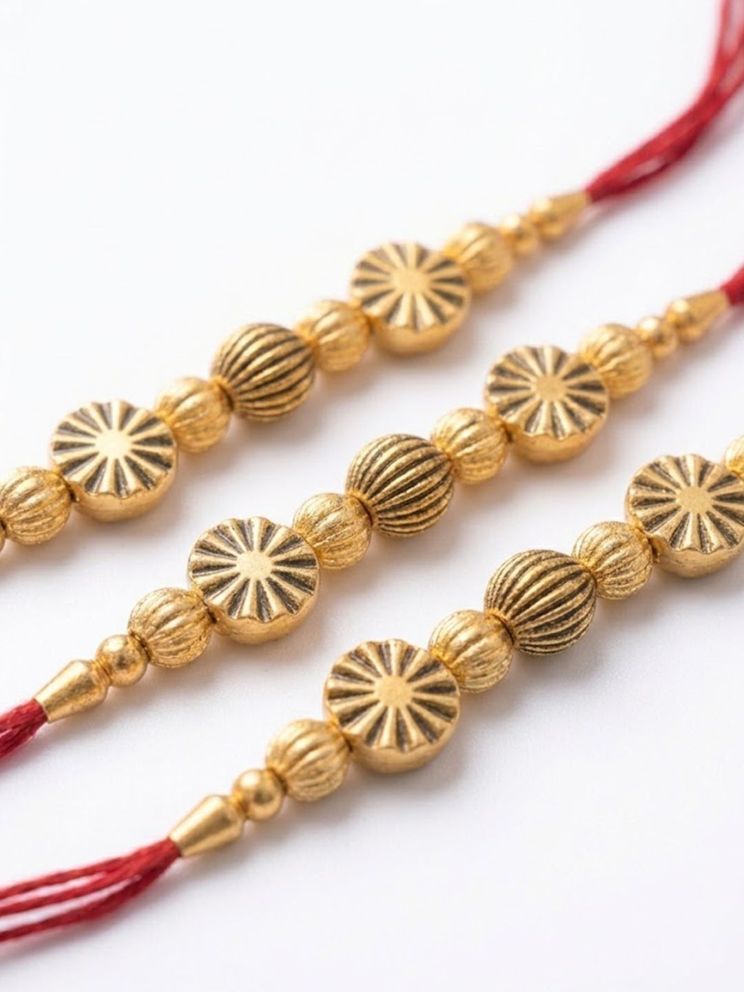 Anouk Set Of 3 Red & Gold Toned Artificial Stones & Beads Thread Rakhi With Roli Chawal