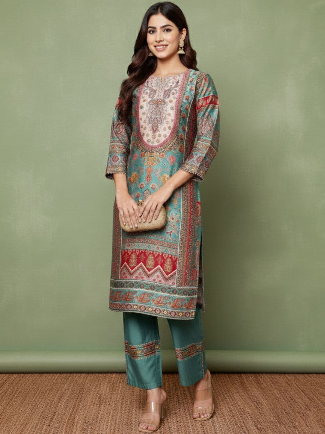 Printed V-Neck Kurta & Trousers