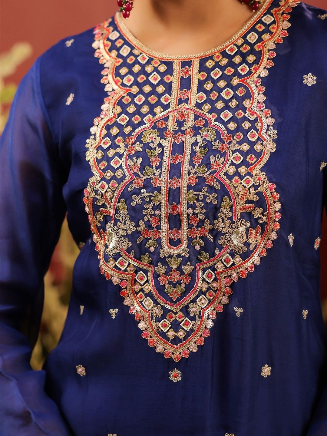 Dhiyona SC Women Midnight Blue Organza Silk Embroidered Sharara Set