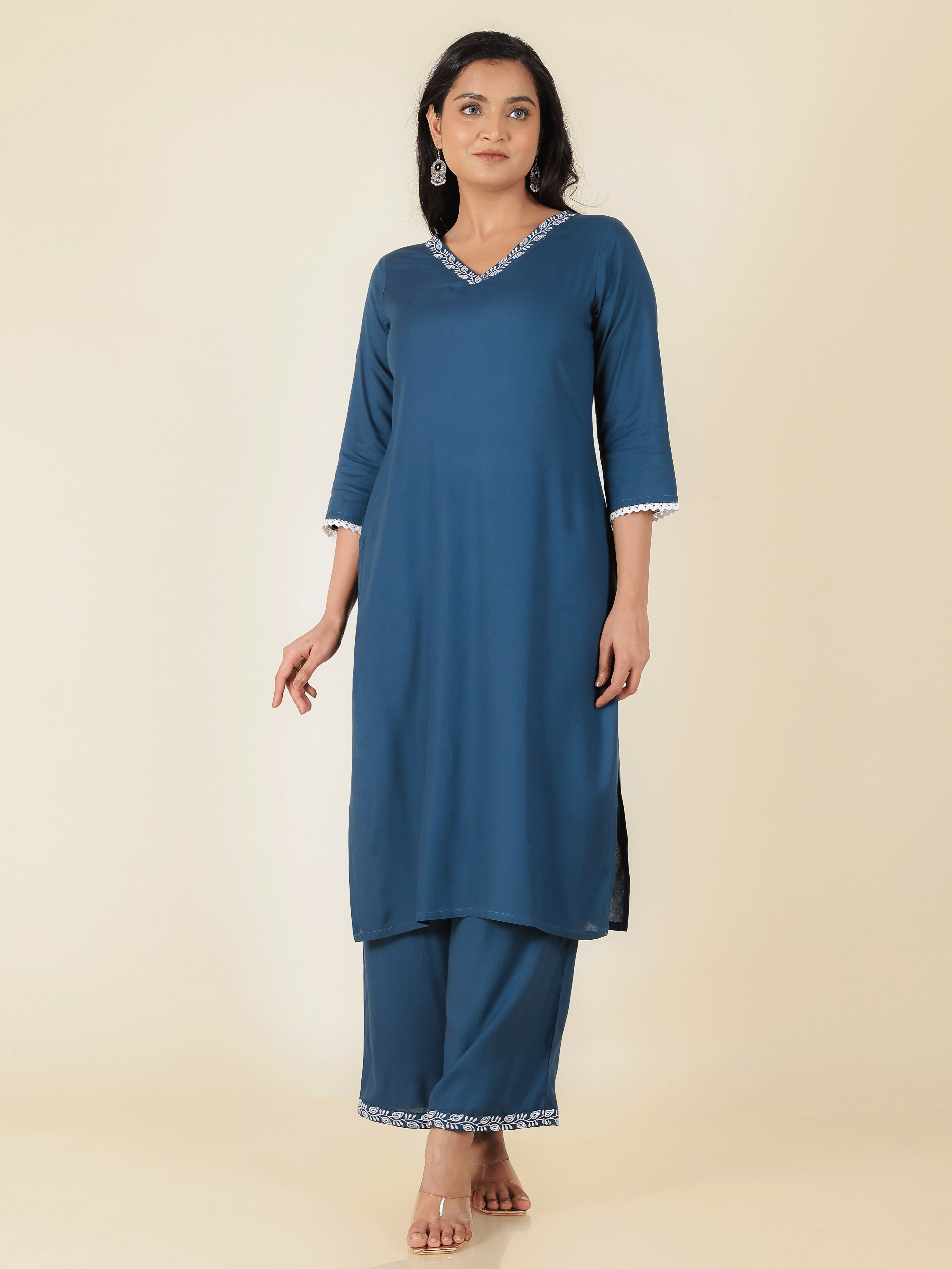 Women's Blue Rayon Solid Print Straight Kurta Palazzo Set for Women