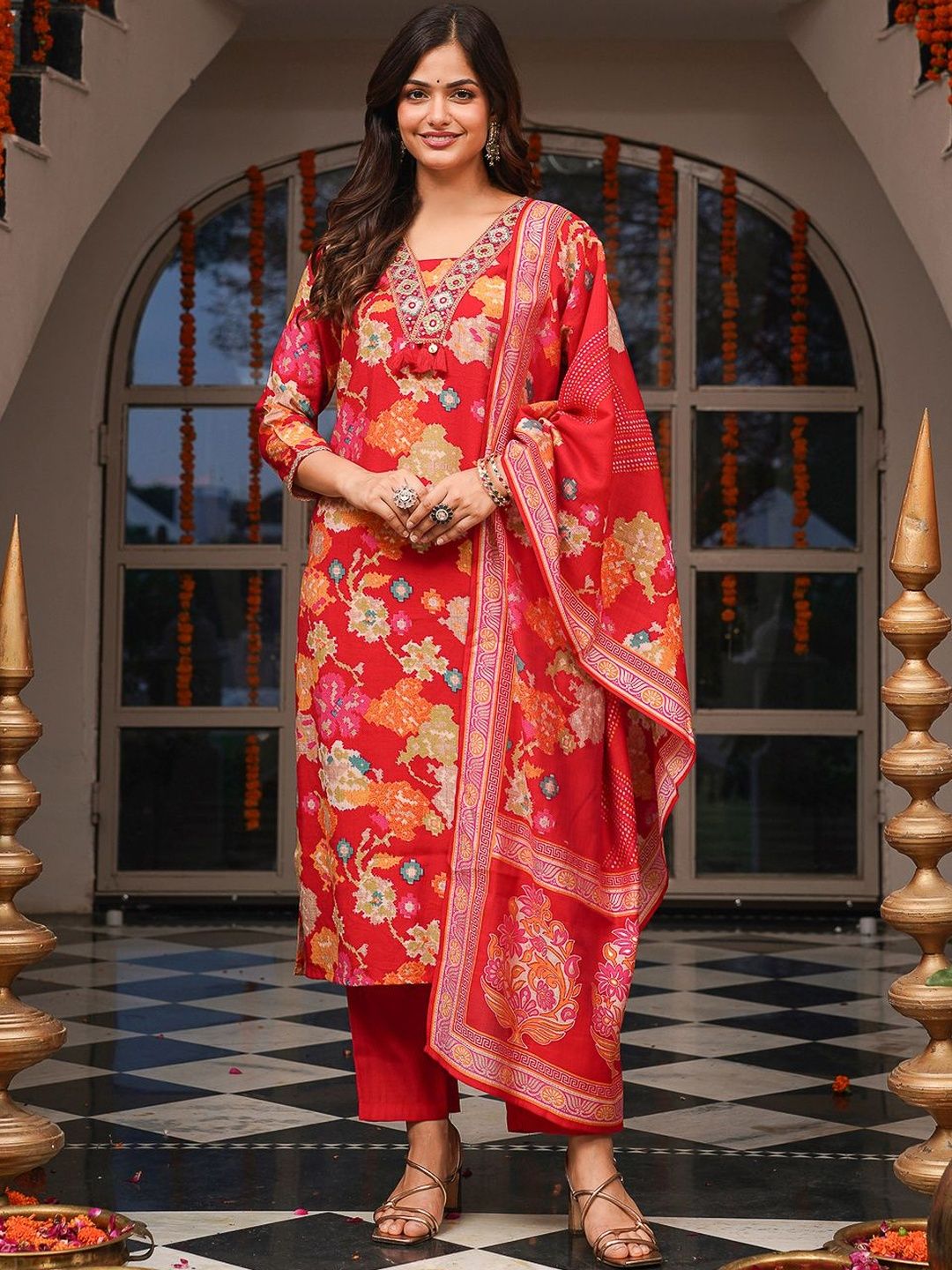 Dhiyona KL Floral Printed Mirror Work V-Neck Straight Kurta With Trousers & Dupatta