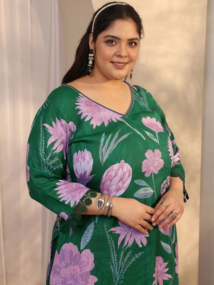 Dhiyona Women's Plus Size Floral Printed Linen Kurta with Trousers & Dupatta