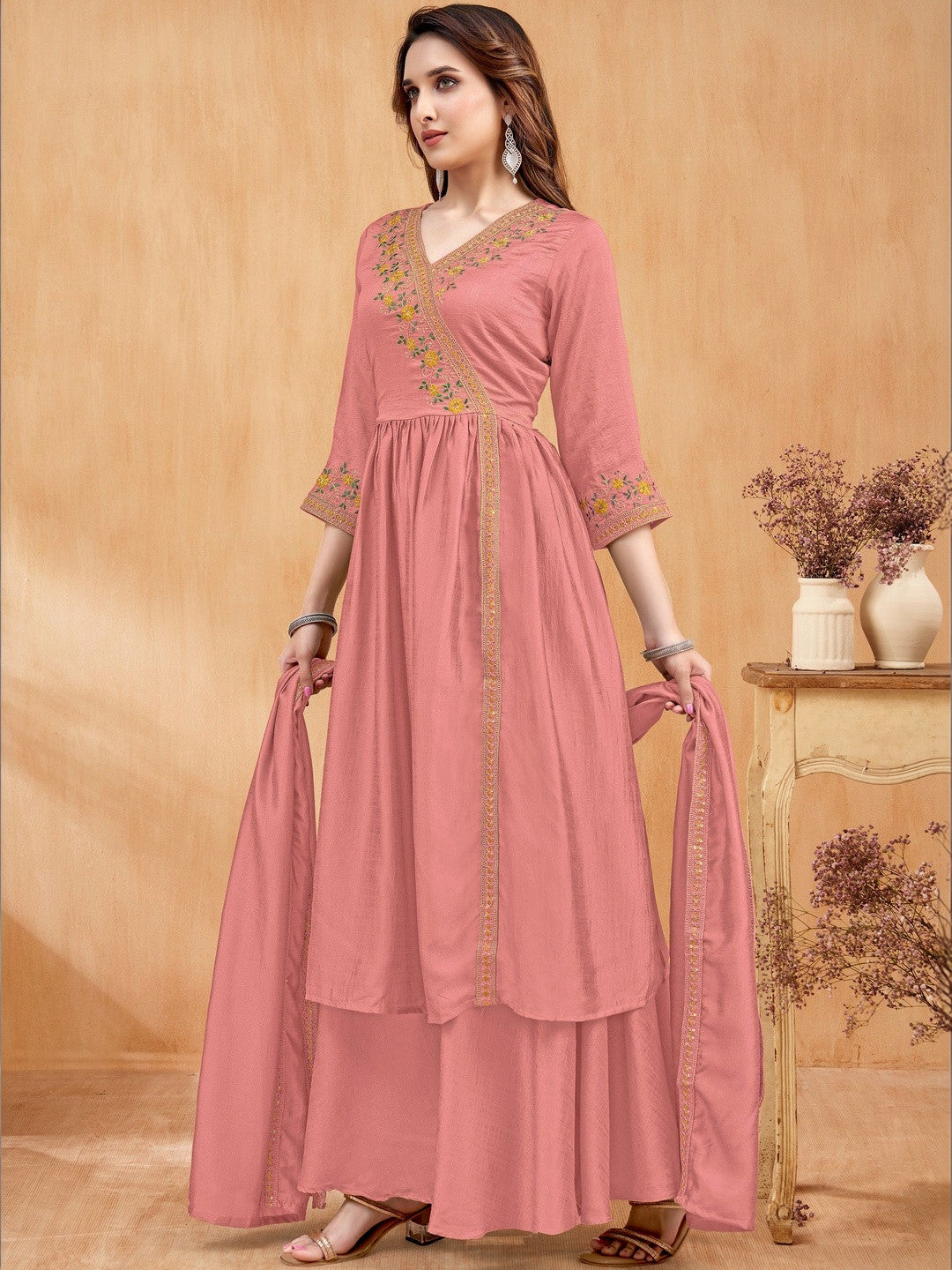 Embroidered V-Neck Kurta Trousers & Dupatta