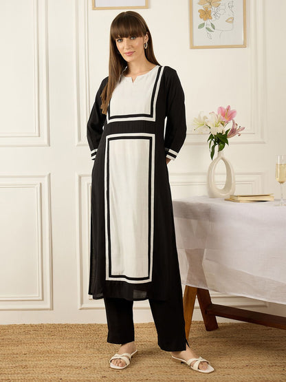 Colourblocked Printed Thread Work Chanderi Silk Kurta With Palazzos