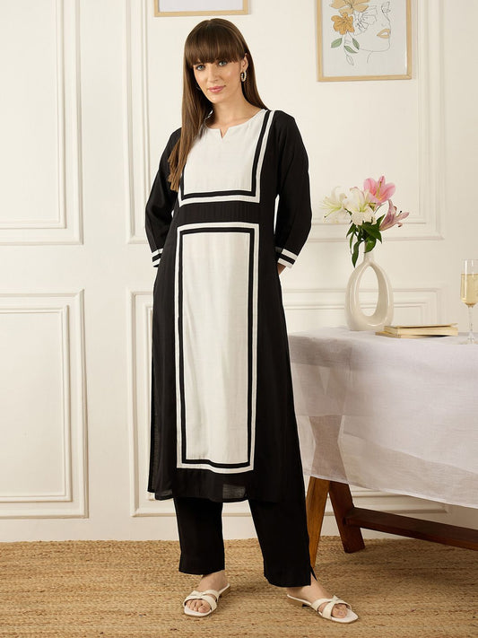 Colourblocked Printed Thread Work Chanderi Silk Kurta With Palazzos