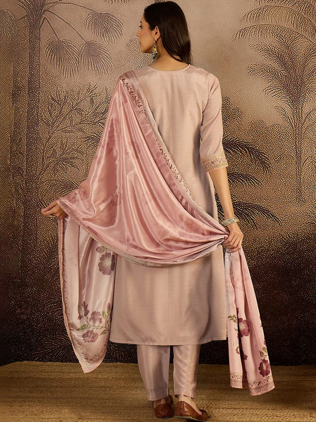 Embroidered Round Neck Straight Kurta & Trousers With Dupatta
