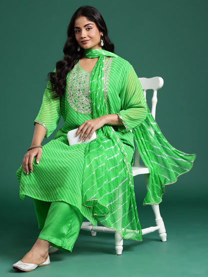 Dhiyona Women's Leheriya Printed Mirror Work Kurta with Palazzos & Dupatta