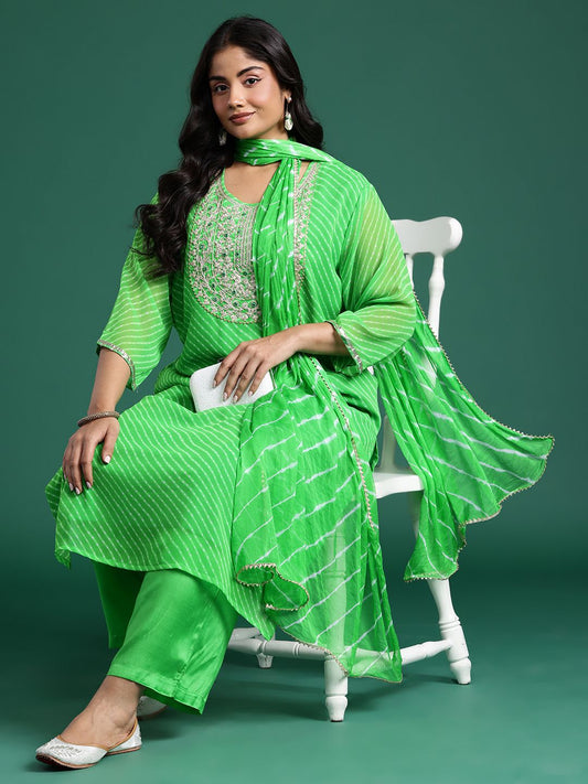 Dhiyona Women's Leheriya Printed Mirror Work Kurta with Palazzos & Dupatta