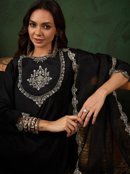 Black Floral Embroidered Round Neck Zari A-Line Kurta With Trouser & Dupatta